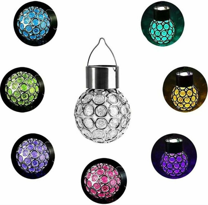 Lampa solara decorativa tip glob din PP si otel, cu agatatoare, IP44, culori schimbatoare