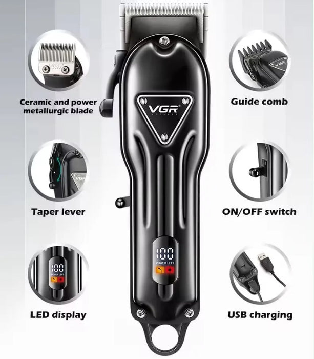 Vgr V-051 trimmer, hordozható, vezeték nélküli, 5W, USB, acél penge, 4 vezetőfej, fekete