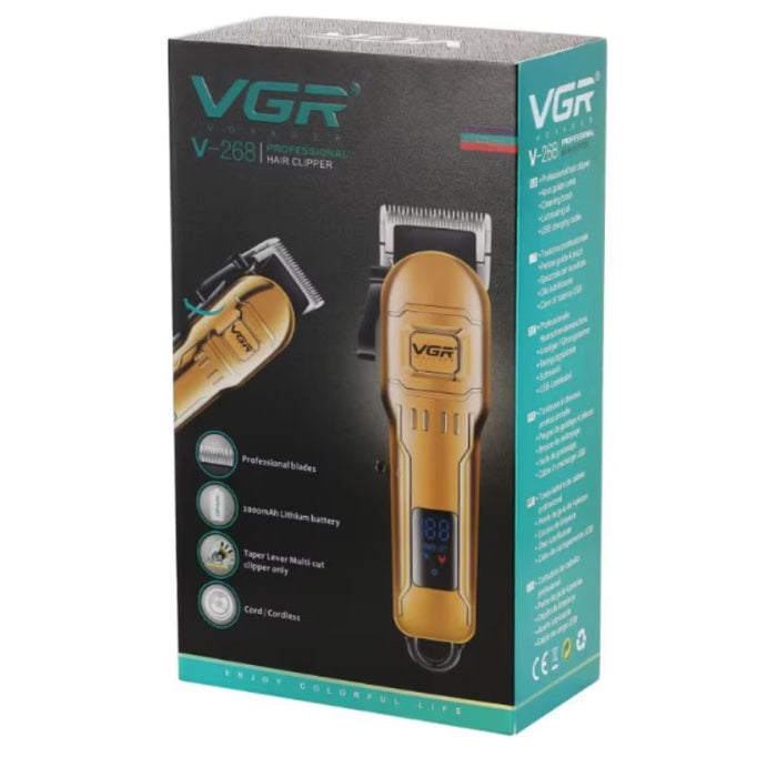 VGR VGR V-268 professzionális trimmer, vezeték nélküli, USB betöltés, 10W, 4 távolság, digitális kijelző, arany