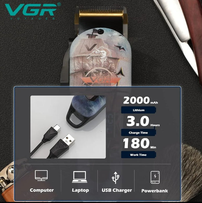 Masina tuns profesionala VGR V-689, fara fir, 5W, cu ecran LCD, lame din otel, carcasa multicolora