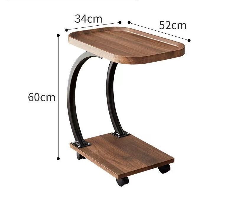 Масичка за кафе с колела и 2 стълбове, метал и дърво, C-образна, 2 нива, 52x34x60см, черно-кафяв