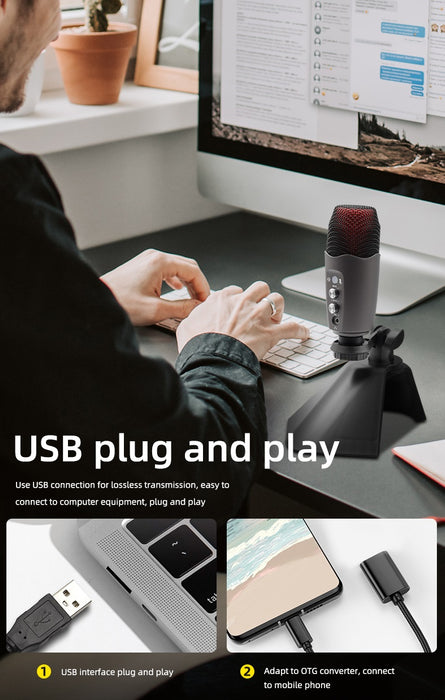 Mikrofon RGB regisztrációs kondenzátorral, támogatással, USB plug and Play