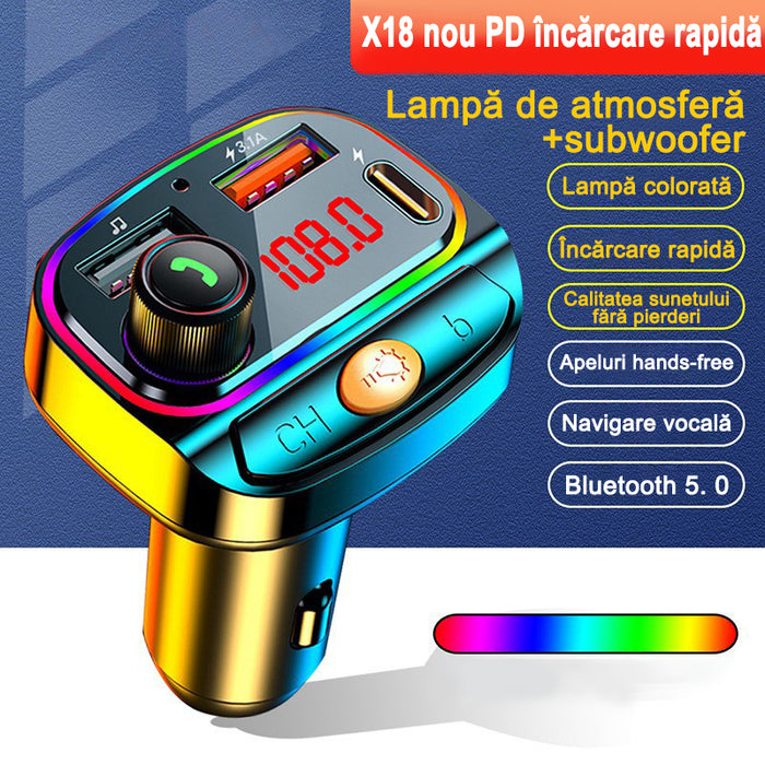 FM modulátor, Bluetooth 5.0, autó töltési funkció, digitális kijelző, 7 RGB, fekete