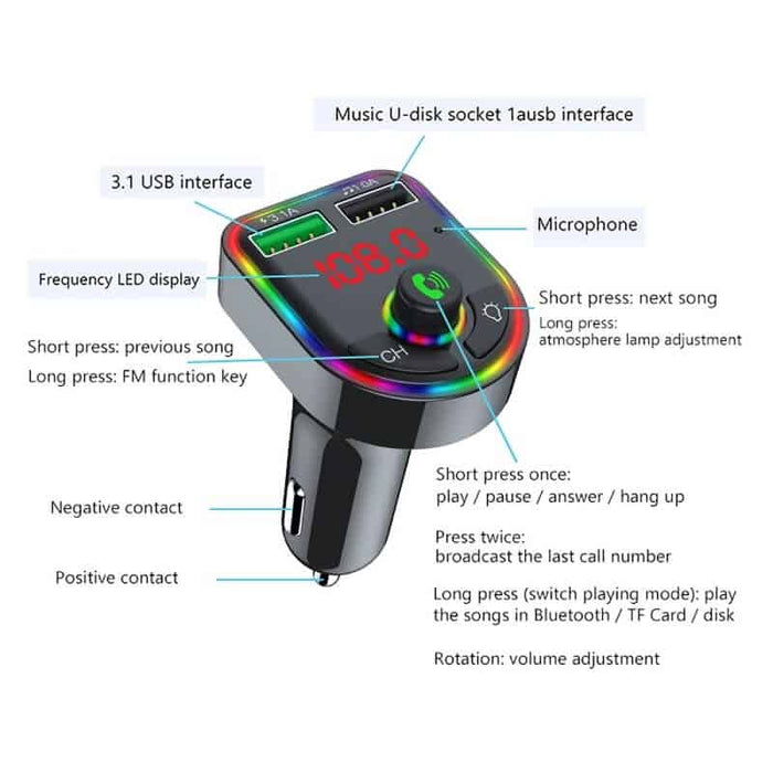 FM Modulator, με Bluetooth 5.0, γρήγορη φόρτιση, 3 θύρες φόρτωσης, RGB, μαύρο