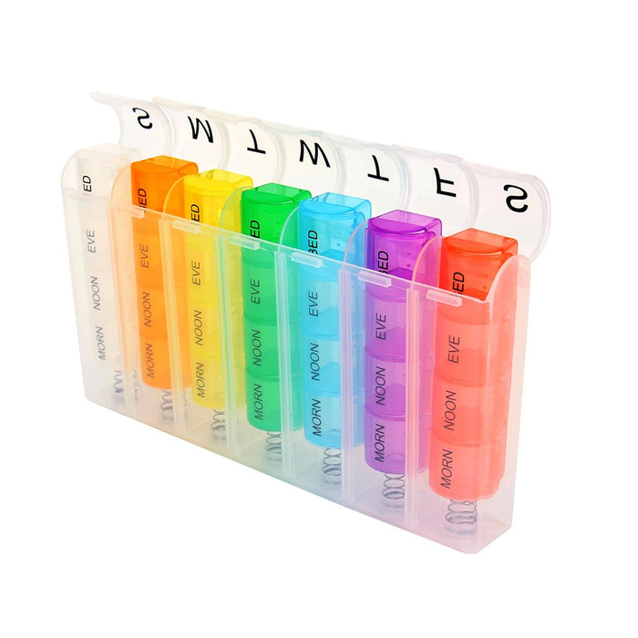 Organizator saptamanal pentru pastile, cu 4 compartimente pe zi, plastic, multicolor