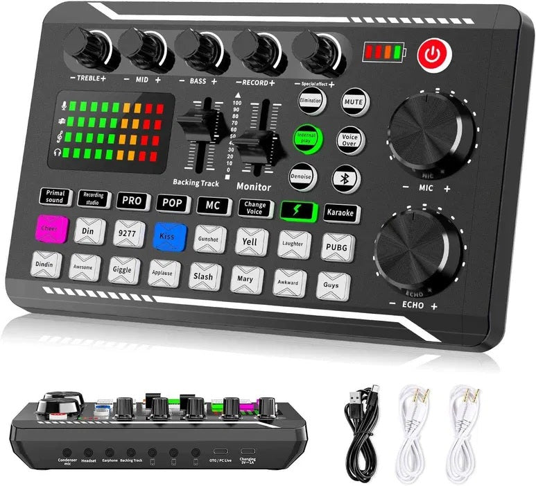 Placa de sunet bluetooth, cu mixer audio, schimbator de voce, 18 efecte de sunet live si mixer pentru microfoane, negru