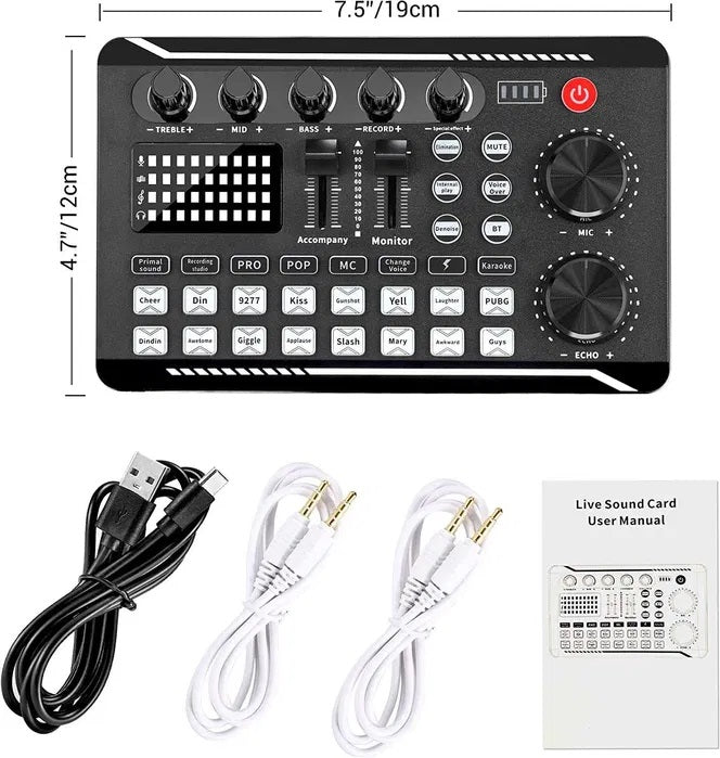 Placa de sunet bluetooth, cu mixer audio, schimbator de voce, 18 efecte de sunet live si mixer pentru microfoane, negru