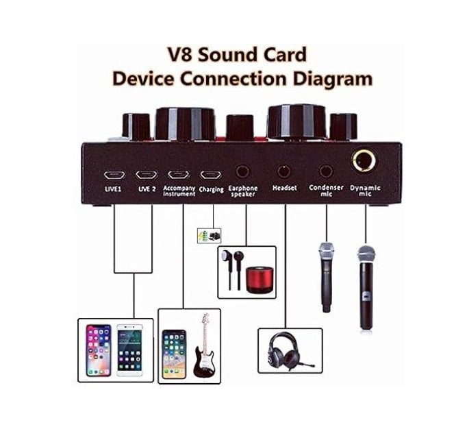 Πολυλειτουργική πλάκα ήχου V8 με Bluetooth, 12 ηχητικά εφέ, μικρόφωνο, μαύρο, μαύρο τρόπους