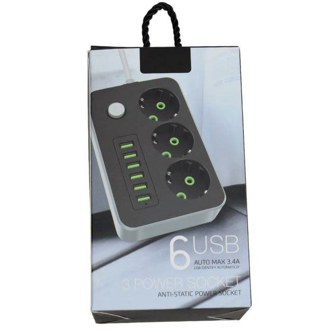 Hosszabbítás 3 Schuko és 6 x USB, 3.4a, teljesítménykapcsoló, 1,5 méteres kábel, fekete -fehérvel