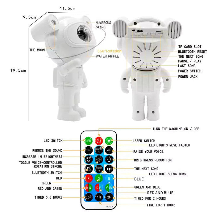 Bluetooth LED RGB Προβολέας με τη μορφή αστροναύτη με ήχους και φώτα, τηλεχειριστήριο, αυτοκόλλητα αυτοκόλλητα, λευκά