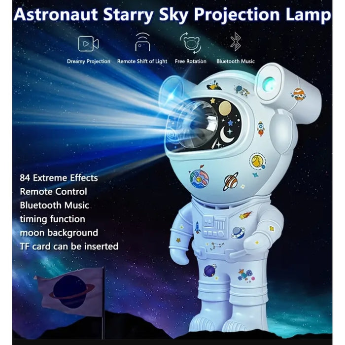 Proiector bluetooth LED RGB in forma de astronaut cu sunete si lumini, telecomanda, stickere autoadezive, alb