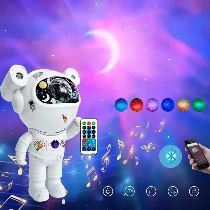 Proiector bluetooth LED RGB in forma de astronaut cu sunete si lumini, telecomanda, stickere autoadezive, alb