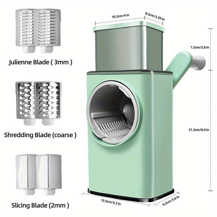 Многофункционална ръчна решетка, с 3 въртящи се остриета, за плодове, зеленчуци и сирене, зелено