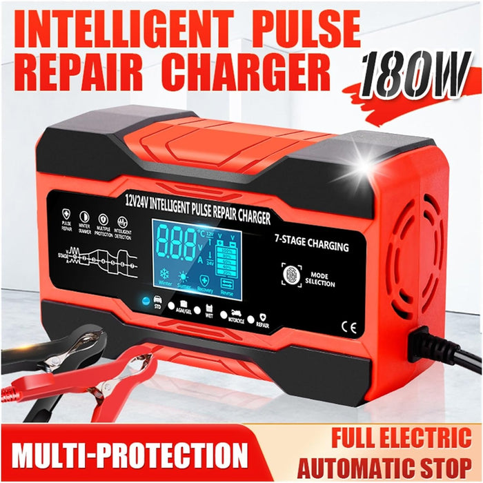 Redresor baterii auto DP1210, 12V 10A - 24V 5A, 180W, incarcare in 7 etape, 4 functii, negru cu rosu