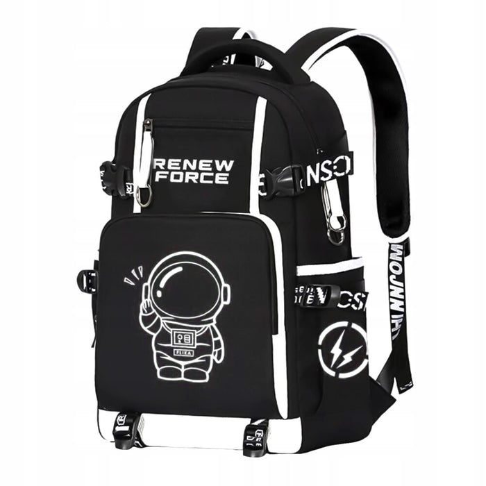 Rucsac Luminos pentru Scoala, cu Desen Astronaut Fluorescent, Impermeabil, 35L-XL, Negru