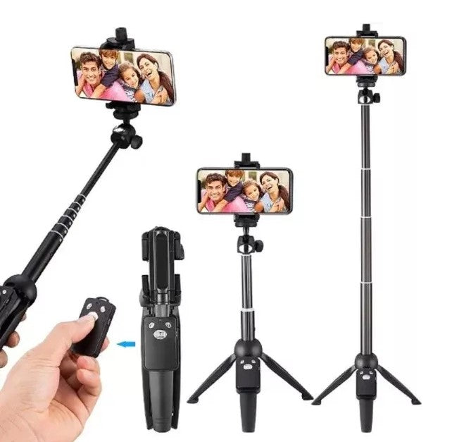 Selfie stick si trepied 2 in 1, Bluetooth, compact si universal, negru