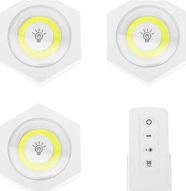 3 LED -es COB hatszögletű lámpák készlete távirányítóval és egyedi gombokkal