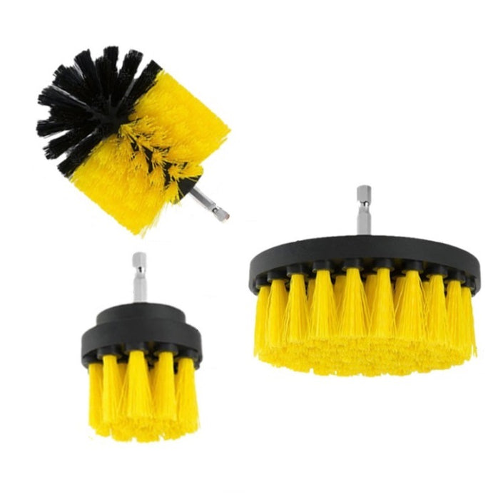 Set 3 perii rotative din plastic, pentru curatat suprafete, cu adaptor, diferite marimi, pentru surubelnita electrica, negru-galben