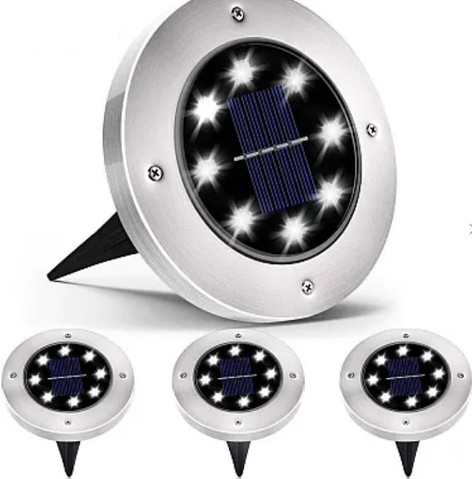 Set 4 Lampi Solare METALICE Argintii Disk Lights pentru gradina, alee, scari, terasa, balcon