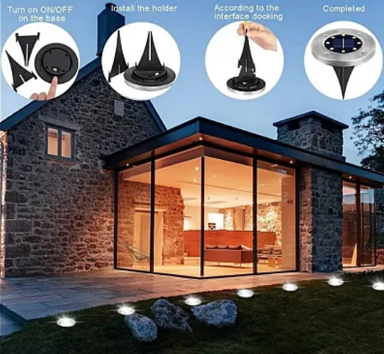 Set 4 Lampi Solare metalice Disk Lights pentru podele sau pamant, gradina, terasa, balcon, scari