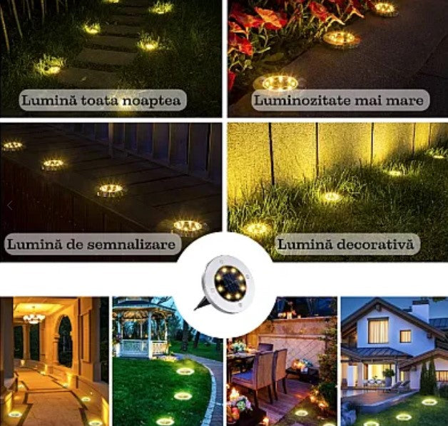 Комплект от 4 кръгли слънчеви лампи за пода или почва, балкон, тераса, стълби, алея или градина