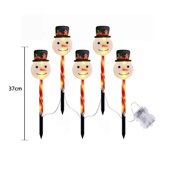 Set 5 LED-es napfény lámpák, hóember figurák, 37 cm magas, kerthez, fehérvörös-fekete