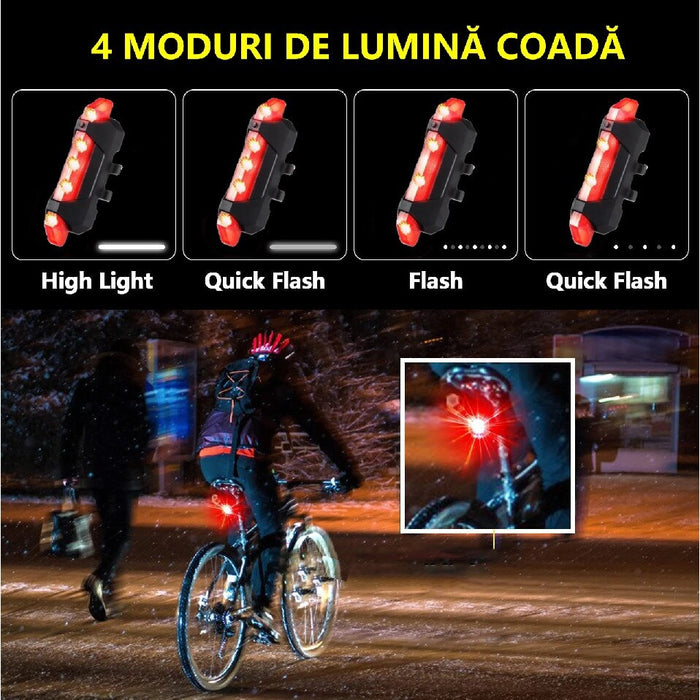 Комплект велосипед, фар и стоп светлини, USB акумулаторна батерия