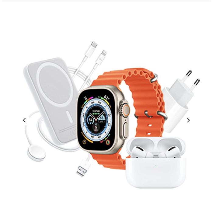 Set complet cu Smartwatch X8 de 2", casti in-ear wireless, incarcator, cabluri, baterie externa, 8 in 1, negru/portocaliu/alb-gri