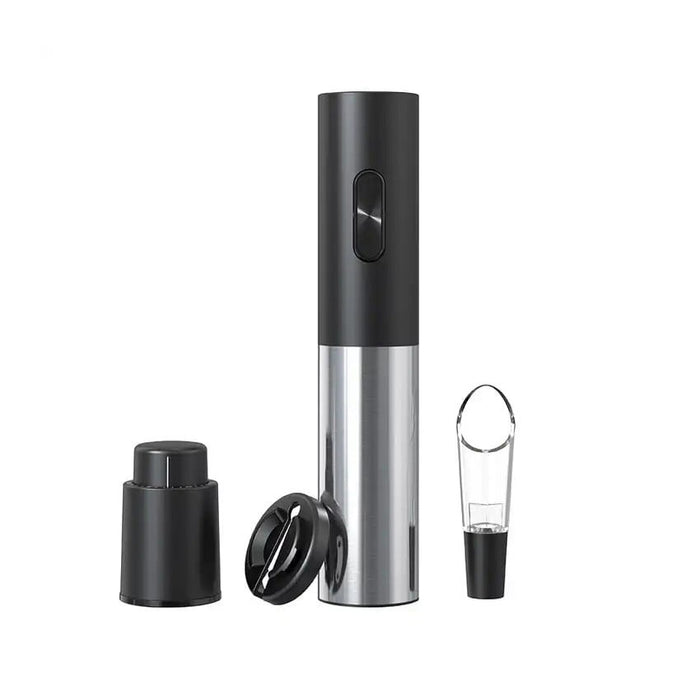 Set cu tirbuson electric, cutter, aerator si doppentru sticlele de vin, design elegant, negru-argintiu