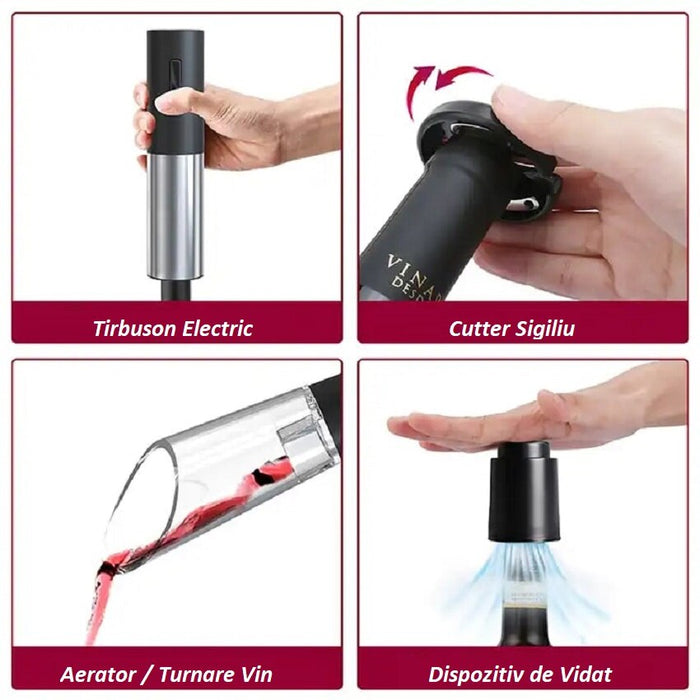 Set cu tirbuson electric, cutter, aerator si doppentru sticlele de vin, design elegant, negru-argintiu