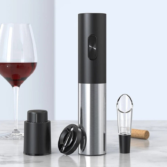 Set cu tirbuson electric, cutter, aerator si doppentru sticlele de vin, design elegant, negru-argintiu