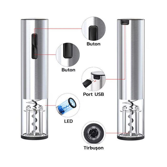 Set cu tirbuson electric si cutter, cu incarcare USB, argintiu