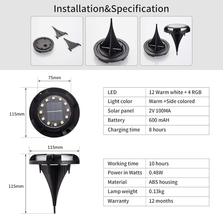 4 napenergia -lámpa kerti, gyep, padló, sikátor vagy fal RGB LED -ekkel, IP65