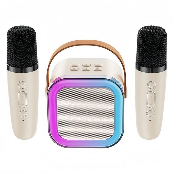 Set karaoke cu boxa 5W si 2 microfoane, wireless, bluetooth, lumina RGB, suporta moduri multiple de intrare, bej