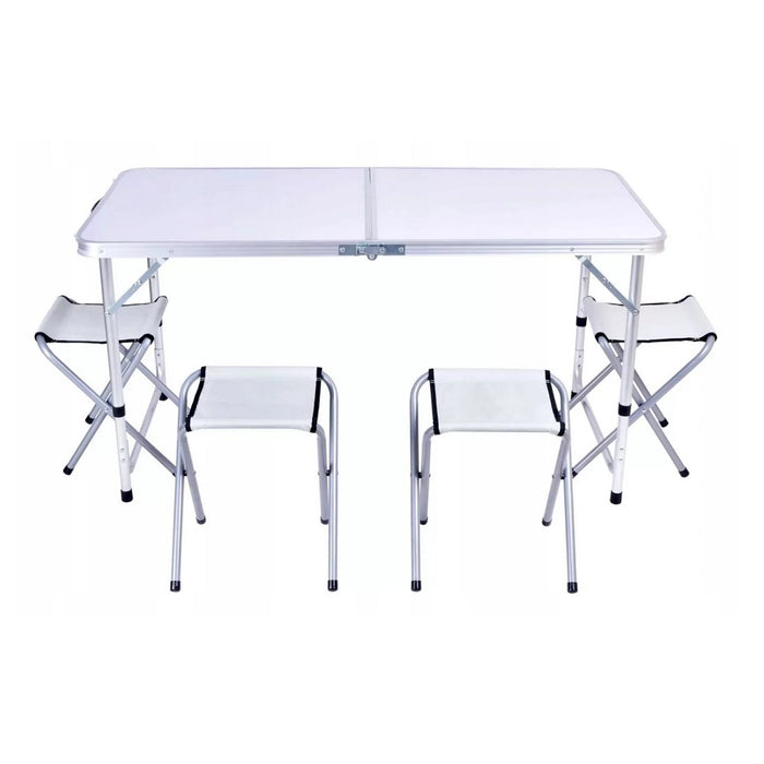 Set masa cu 4 scaune pliabile, tip valiza, metal-textil, pentru camping, plaja, pescuit sau terasa, alb-argintiu