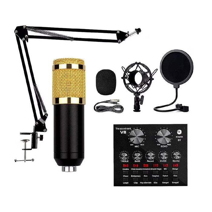 Set profesional cu Mixer Audio si Microfon MIC8, pentru podcast, inregistrare, live, tiktok, negru-auriu