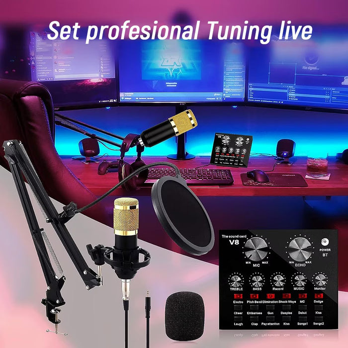 Set profesional cu Mixer Audio si Microfon MIC8, pentru podcast, inregistrare, live, tiktok, negru-auriu