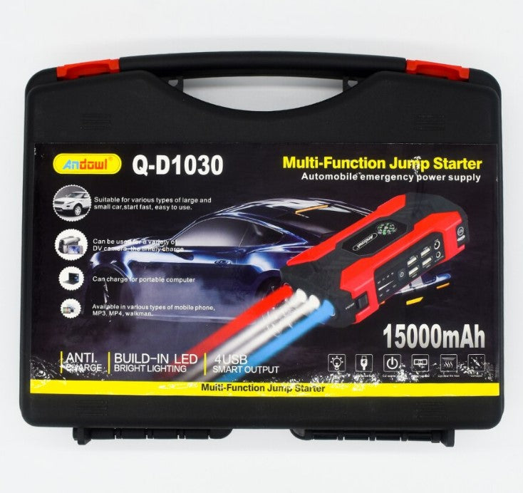 Многофункционален стартер за автомобили D1030, 15000mAh, 12V-19V изход, 4 USB изхода, елетронен дисплей, черен с червено