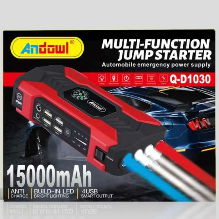 Starter auto multifunctional D1030, 15000mAh, 12V-19V output, 4 iesiri USB, afisaj eletronic, negru cu rosu