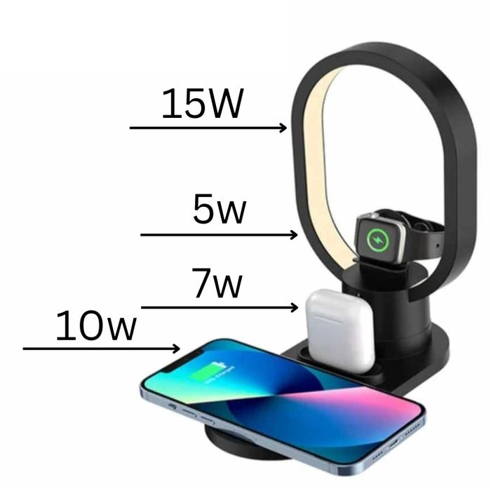 Statie incarcare wireless 4 in 1 pentru telefon, ceas smart si casti bluetooth cu lampa LED