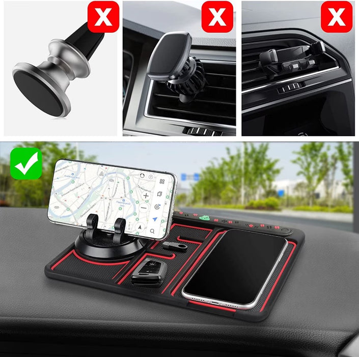 Suport auto pentru telefon 4 in 1, rotativ 360°, cu covoras antiderapant, numar de telefon, compartiment odorizant, negru cu rosu