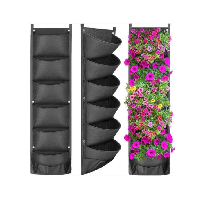 Suport cu 6 buzunare pentru plante, din pasla, 100x30cm, negru