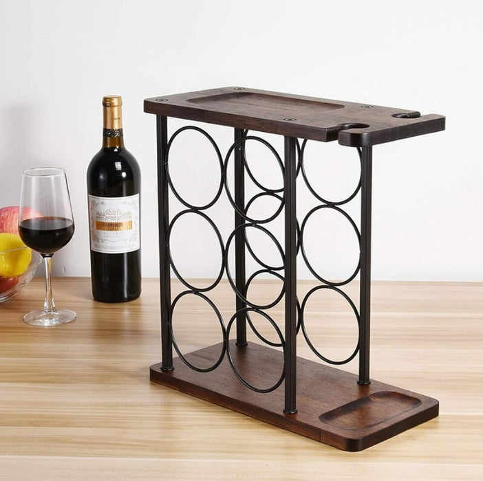 Suport pentru 6 sticle vin si 2 pahare, din otel si lemn, 34x16x35 cm, negru-maro