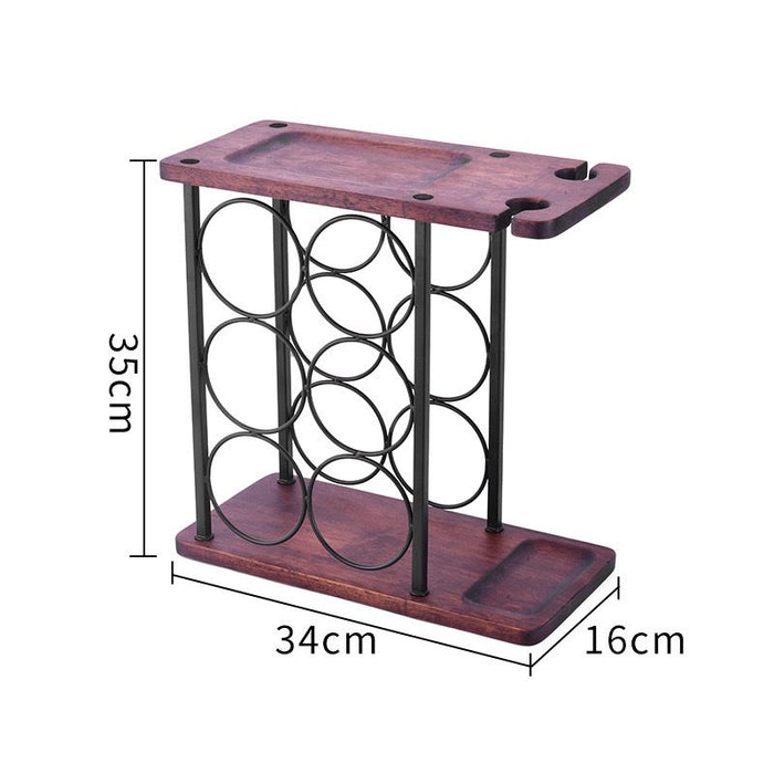 Поддръжка за 6 бутилки вино и 2 чаши, стомана и дърво, 34x16x35 см, черно-кафяв