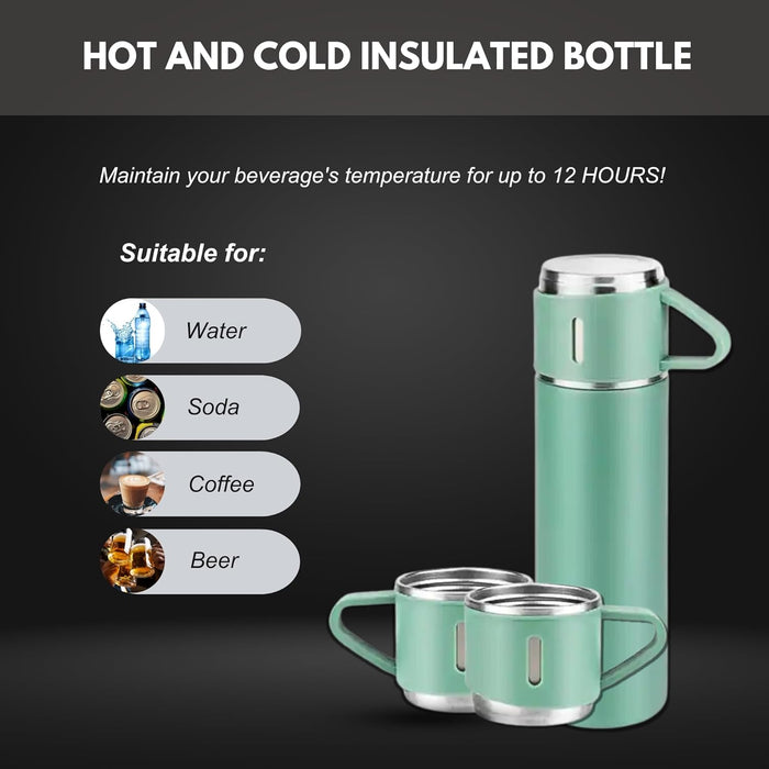 Thermos неръждаема стомана 500ml с вакуумна функция, двойни стени и плюс 2 чаши, горещи и студени