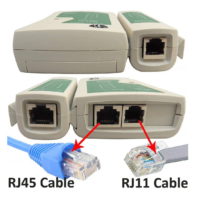 Tester pentru cabluri de retea LAN, RJ45, RJ11, N21CL, Cat5, Ethernet si Line, husa inclusa, alb/verde