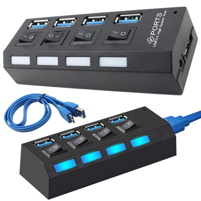 USB Hub с 4 високоскоростен USB 3.0 порт, бутон за включване/изключване, с черен, черен захранващ кабел