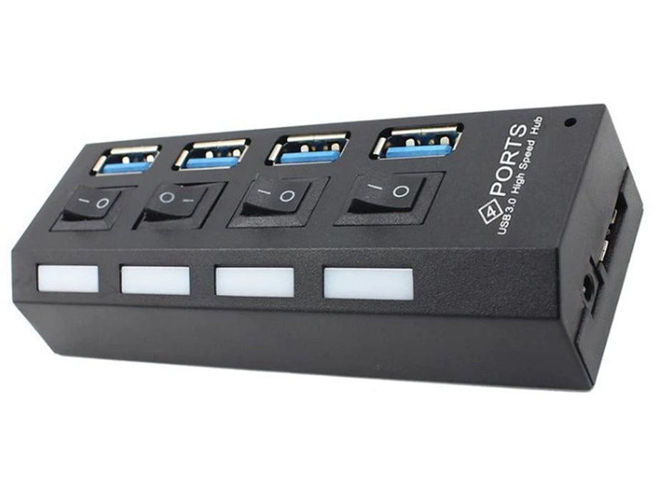 USB HUB 4 nagysebességű USB 3.0 port, be/ki gomb, fekete, fekete tápkábel