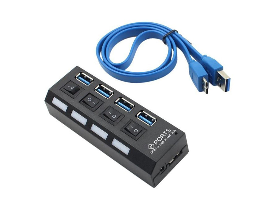 USB HUB 4 nagysebességű USB 3.0 port, be/ki gomb, fekete, fekete tápkábel