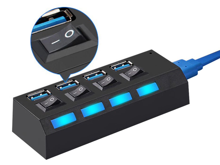 USB HUB 4 nagysebességű USB 3.0 port, be/ki gomb, fekete, fekete tápkábel